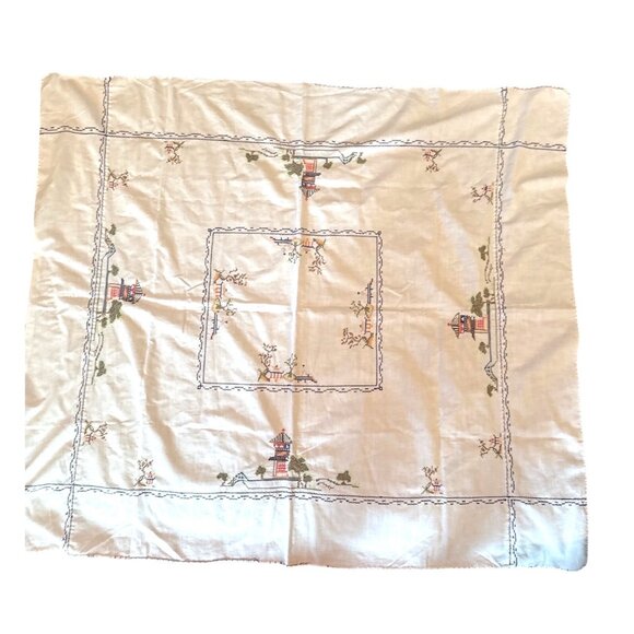 Vintage Hand-Embroidered Tablecloth With Scenic Design - Picture 1 of 4